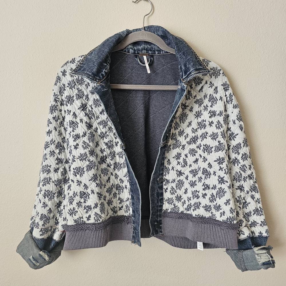 Free People White Quilted Floral Jean-Trim Jacket